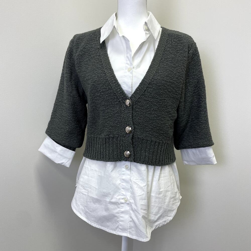 NEW Elan Bree Sweater Top Small Gray Knit Layered White Button Down Shirt